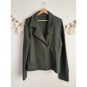 Tahari Wool Blend Boucle Knit Green Moto Zip Jacket Careerwear Modest Minimalist